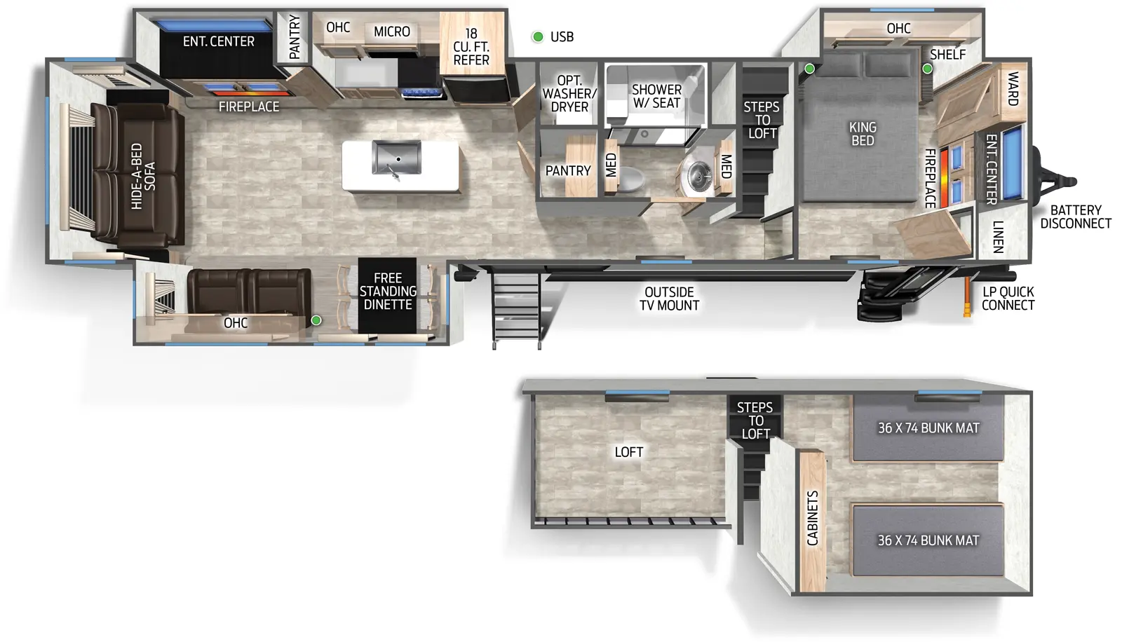 The Cherokee Black Label 39DLBL floorplan has two entries and three slide outs. Exterior features include: fiberglass exterior and 21' awning. Interiors features include: loft, kitchen island, free-standing dinette option, front bedroom and rear living.